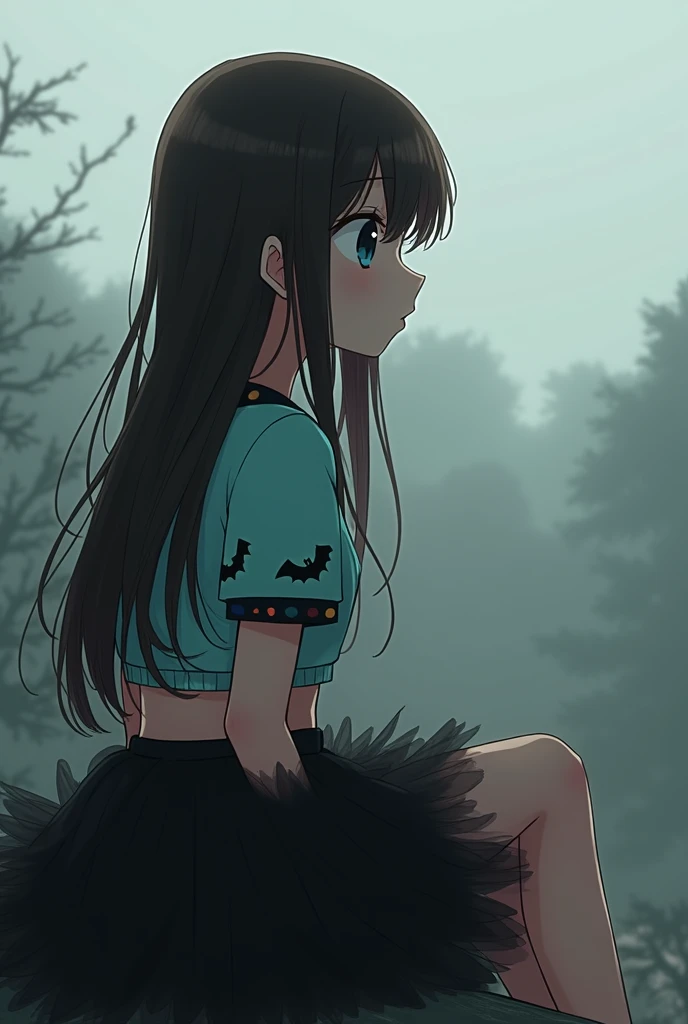 Anime girl with long dark brown hair, black eyes, with a black tutu skirt, a mint blue crop top with short round sleeves with trim and bat print, sitting bored looking at the horizon