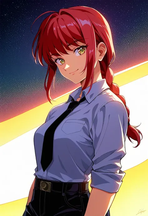 score_9,score_8_up,score_7_up, cowboy shot, 1girl,solo, makima, braided ponytail, ringed eyes, black necktie, black pants, cool, smile, detailed background,