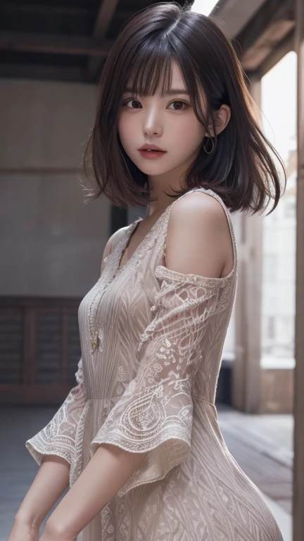 Black Hair、(masterpiece, Highest品質, Highest, Official Art, beautifully、beautiful, exposed for a long time: 1.2), Smooth movement, Attractive patterns, 1 girl, (Dress with sleeves: 1.4), Upper body close-up, Expose your shoulders, Chinese Girl, , Black Lob ...