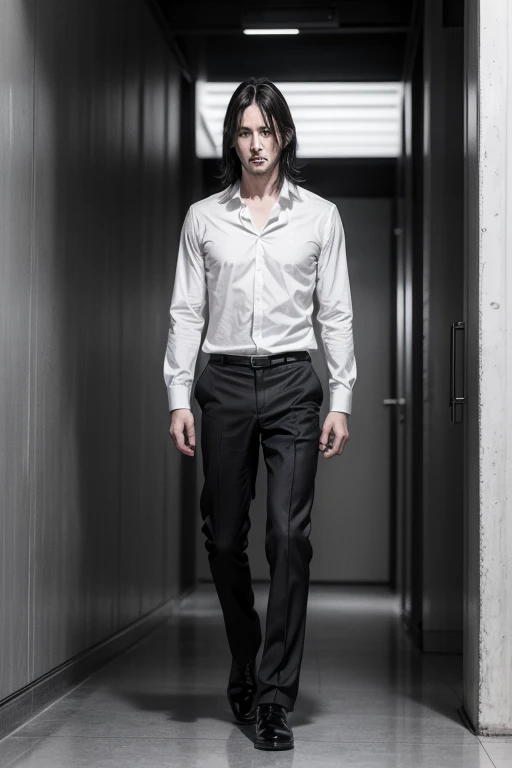 Grayscale drawing, Pencil drawing for anime of a 1 boy with a very similar appearance to Keanu Reeves, long black hair down to shoulder length, thin and tall, with tender eyes but a serious appearance, very reserved, white long sleeve shirt, black dress pa...