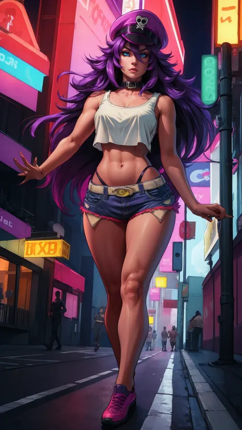 purple hair,blue eyes,long hair,white crop top,collar,short shorts, peaked cap, upper body,walking, nice shoes,looking at viewer, night,neon lights,streets, (insanely detailed, masterpiece, best quality),solo,