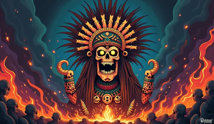 Stylized drawing in the style of the series "Adventure Time" of the Aztec god of death Mictantecutli, represented as a skull with bone ornaments, skulls and feathers, in a terrifying Underworld environment with fire and sparks around and shadows of souls i...