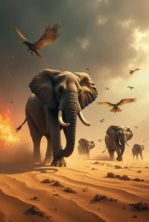 Create a dramatic desert landscape featuring a powerful army of elephants marching across the sandy dunes. Above them, a flock of fierce birds is attacking, swooping down with fiery rocks raining from the sky. The scene should be filled with dynamic moveme...