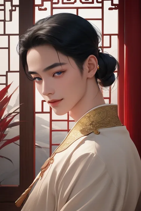 handsome young chinese man, long black hair tied in a period chinese haircut, period chinese red, white and gold clothing, long eyelashes, blue eyes, looking through his long eyelashes, peaceful expression, chinese decor, light smile, beautiful eyes, delic...