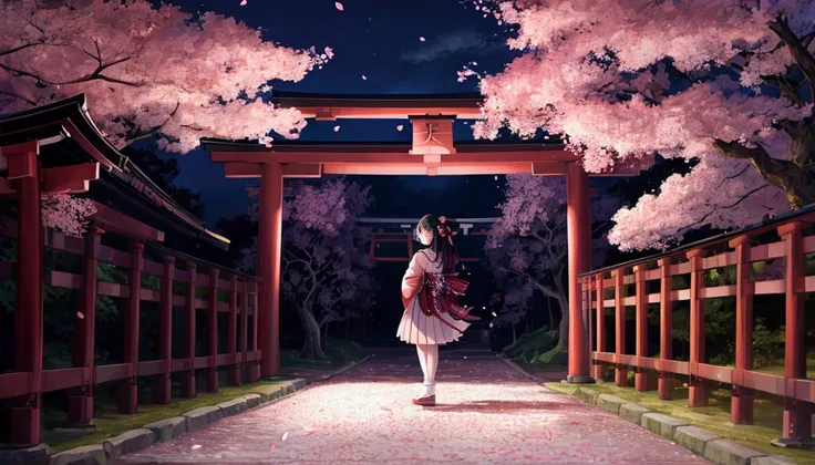 A midnight path with cherry blossoms falling、Japanese-style girl standing in front of a torii gate