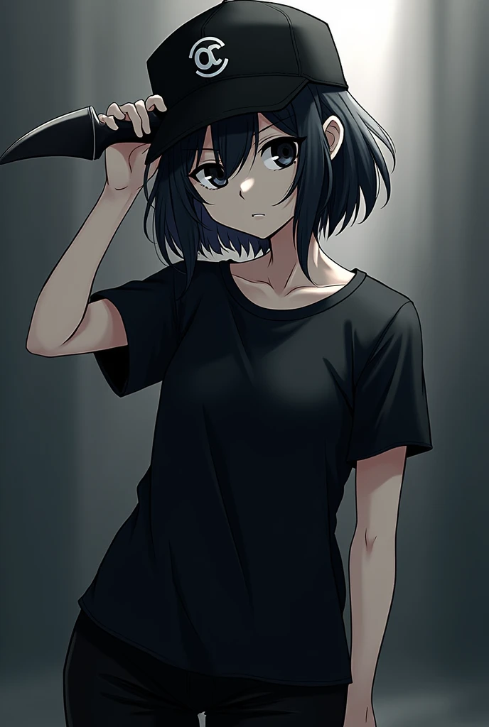 Anime style girl my hero academia , by black , with side tuft,He has grey skin and black eyes, a black t-shirt up to the shoulders and black pants, with a serious face, He has a black knife in his hand near his face and a black cap with a nice background