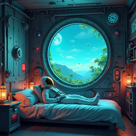 A cosmonaut in a room lying on his bed and on the ceiling an opening onto another world with an animal and the branches of a tree coming out of the ceiling et sur les murs il y a des mécanismes et horlogeries machine ambiance galactique et le plafond presq...