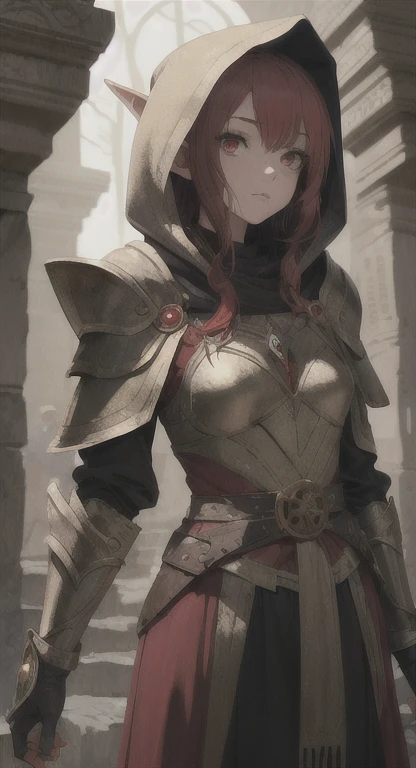 Ancient Elf, Magr, princess Sylphie, short red hair, red eyes, magician hood, looking at viewer, stern, long messy hair, ancient kingdom, ancient mage armor,