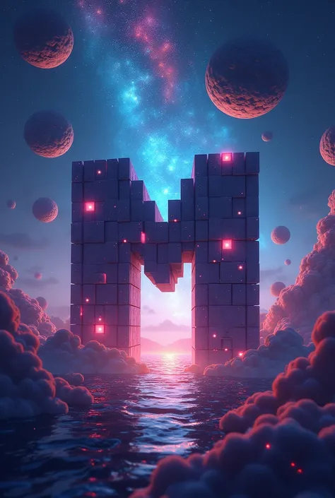 Create an image with the letter M like a Minecraft galaxy 

