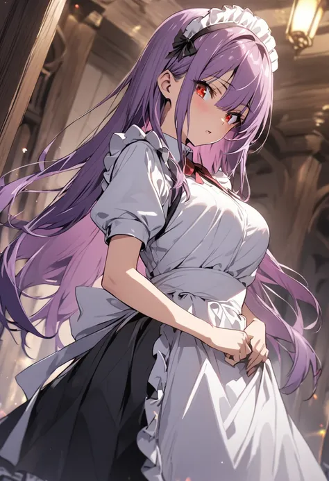 Best Quality、Lower Angle、One Girl、Maid、Purple Hair、Long Hair、Red Eyes