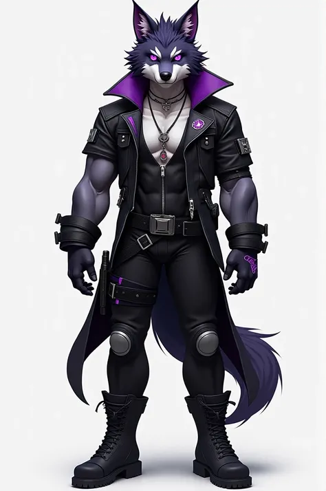 A tall furry man with a lean build wearing a bike Riders black leather one-piece zipper and a leather black jacket with Little highlights of purple, a waist pocket gun, his wolf ears and tail are dark purple in color, he wears boots with heels, a fair skin...