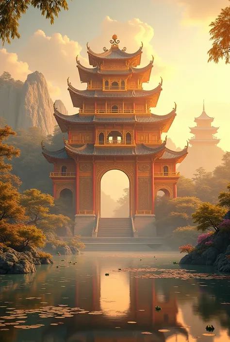 a majestic golden castle in ancient china, highly detailed architecture, ornate facade, flying eaves, intricate carvings, surrounded by lush gardens, towering pagodas, serene pond with lily pads, warm glowing lights, dramatic cinematic lighting, vibrant co...