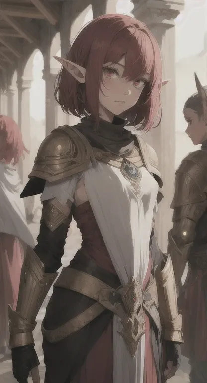 Ancient Elf, Magr, princess Sylphie, short red hair, red eyes, mage markings, looking at viewer, stern, long messy hair, ancient kingdom, ancient mage armor,