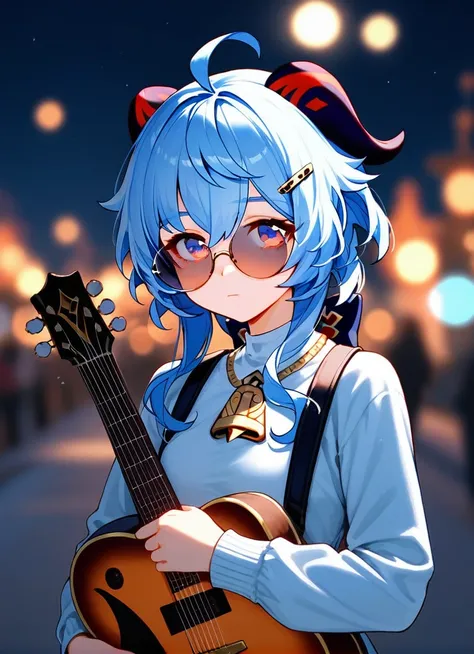 score_9,score_8_up,score_7_up,11girl,solo,looking at viewer,short hair,bangs,blue eyes,hair ornament,long sleeves,dress,holding,jewelry,closed mouth,blue hair,outdoors,glasses,solo focus,hairclip,necklace,blurry,sweater,night,depth of field,blurry backgrou...