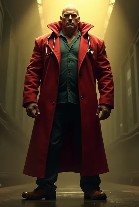 realistic image of a tall doctor, strong, with red coat, hood, stethoscope around the neck in a dark, yellowish environment. Waist Up Image