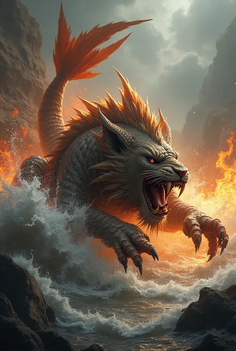 A mythological beast mixed with a lion, a scorpion and a fish in a beautiful setting. the beast needs to be on its side and surrounded by flames and water. The beast needs to be in attack position and needs to have more elements of the scorpion and fish an...