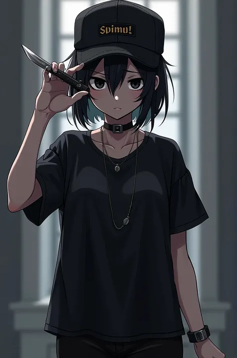 Anime style girl my hero academia , by black , with side tuft,He has grey skin and black eyes, a black t-shirt up to the shoulders and black pants, with a serious face, He has a black knife in his hand near his face and a black cap with a nice background