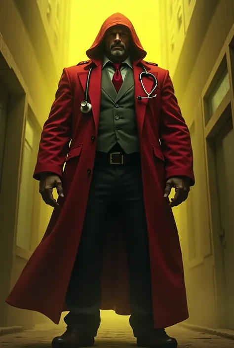 realistic image of a tall doctor, strong, with red coat, hood, stethoscope around the neck in a dark, yellowish environment. Waist Up Image