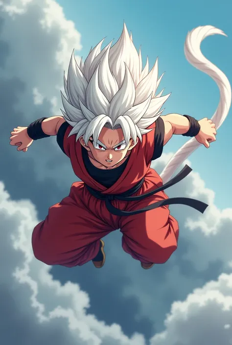 anime male, saiyan male, dragon ball, long white spiky hair, striking eyes, crimson red eyes, long eyelashes, dark red and black baggy martial arts clothes, pretty, flying, clouds, smirking, pale skin, white tail, kid