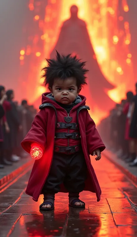 Create a detailed, photorealistic image of a baby dressed in an adorable and realistic Madara Uchiha costume. The baby is standing on a whimsical catwalk with an intimidating expression, holding a simple red chakra sphere in one hand to represent his power...