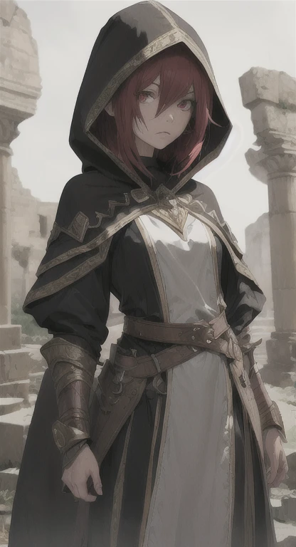 Ancient Elf, Mage, princess Sylphie, short red hair, red eyes, magician hood, looking at viewer, stern, long messy hair, ancient kingdom, ancient mage armor,