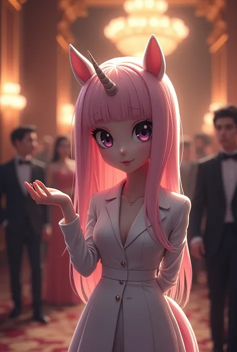 a rarity my little pony human face, unicorn horn on forehead, short white jacket, holding hand out for dance invitation, fancy ballroom in evening, bright lights and dark corners, masamune shirow style, best quality, 4k, 8k, highres, masterpiece:1.2, ultra