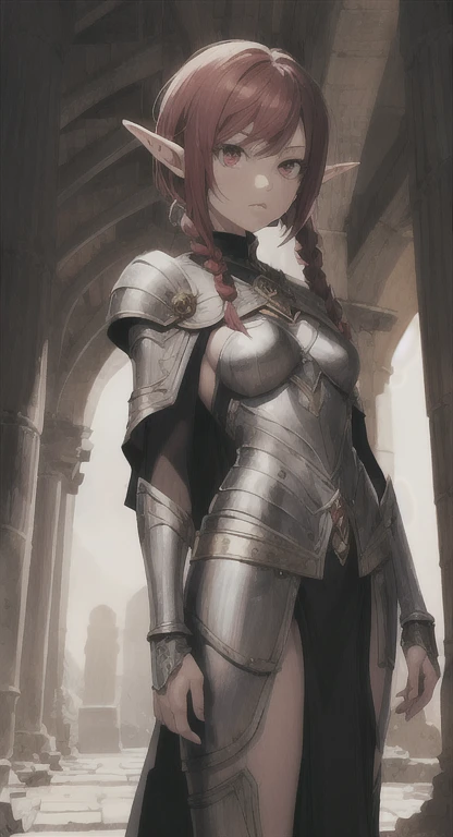 Ancient Elf, Mage, princess Sylphie, short red hair, red eyes, magician braids, looking at viewer, stern, long messy hair, ancient kingdom, ancient mage armor,