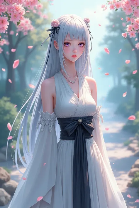 Masterpiece, Superb Piece, Daytime, Outdoor, Falling Flowers, White Dress, 1 Girl, Perfect Woman, Silver and White Long Haired Woman, Gray Blue Eyes, Pale Pink Lips, Cold, Serious, Bang, Purple Eyes, White Clothes, Black Clothing Lines, Delicate Face, Exqu...