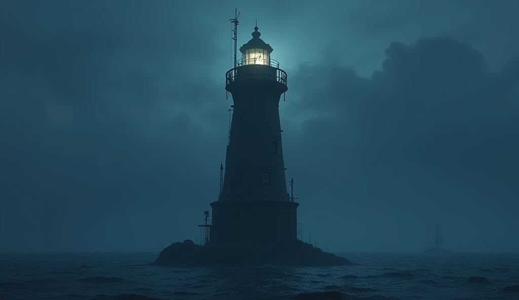 Make a huge light house tower in the middle of sea, a man is working on light house, sea is black and sky is blue. 