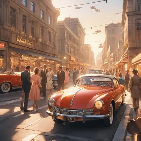 a beautiful city scene from the 1980s, a vibrant and lively city with a large airport in the background, beautiful cityscape, detailed architecture, vintage cars, well-dressed people, bright and cheerful atmosphere, cinematic lighting, golden hour lighting...