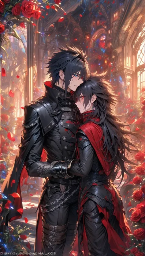 absurdres, highres, ultra detailed, HDR, master piece, best quality, extremely detailed, detailed eyes, detailed face, Vincent Valentine, black hair, red headband, expressive red eyes, Final Fantasy, Noctis Lucis Caelum, black hair, expressive blue eyes, t...