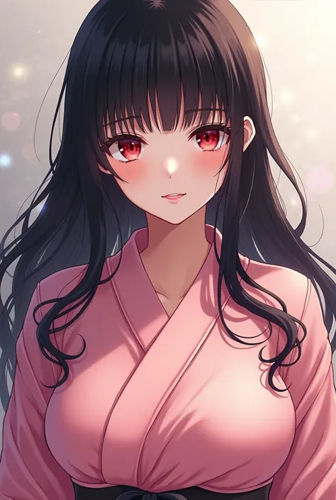 Long Black Hair　Anime Style　big red eyes　Lift your bangs to expose your forehead　Inspired by Kamado Nezuko　Pink kimono　Large Breasts