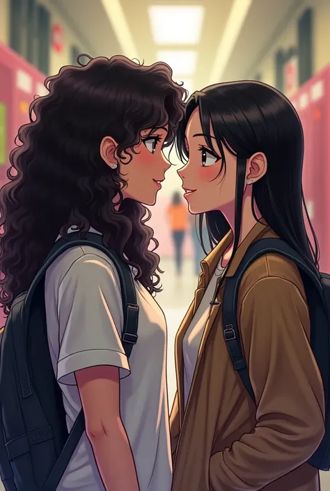 Two teenage black haired women, one curly and one straight, socializing at school