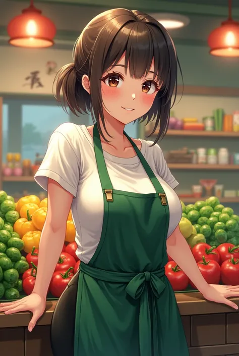 (((masterpiece, good anatomy, perfect face))), cute japanese lady wearing white knit shirts, green apron, black pants, hand on counter, standing, bouncing gigantic breast, cowboy_shot,smile, at vegetable_shop,
score_9,score_8_up,score_7_up,