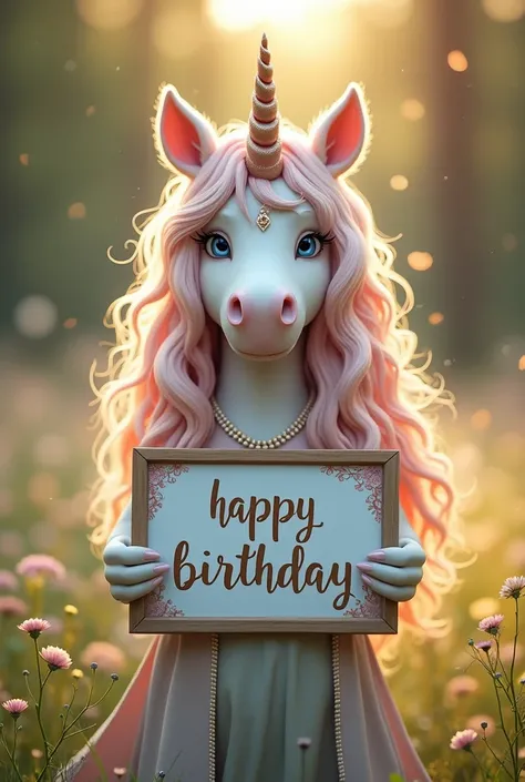 Beautiful unicorn with long wavy hair, bohemian dress, holding a whiteboard with the text "Happy Birthday" and showing it to the viewer