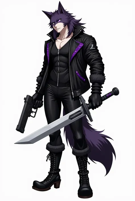 A tall furry man with a lean build wearing a bike Riders black leather one-piece zipper and a leather black jacket with Little highlights of purple, a waist pocket gun, his wolf ears and tail are dark purple in color, he wears boots with heels, a fair skin...