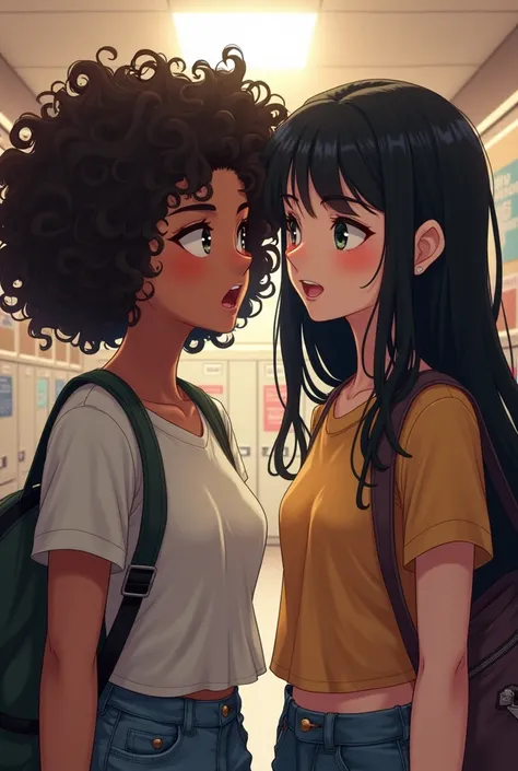 Two teenage black haired women, one curly and one straight, socializing at school