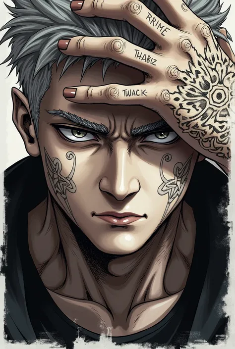 I want you to create an image of the anime character I suggest geto, do jujutsu kaisen, that it is an art focused on tattooing. I want it to be an art with a frame focused on the face., may have some complement to the image, like his hand in front, and tha...