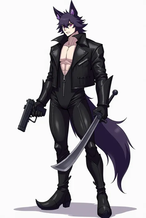 A tall furry man with a lean build wearing a bike Riders black leather one-piece zipper and a leather black jacket with Little highlights of purple, a waist pocket gun, his wolf ears and tail are dark purple in color, he wears boots with high heels, a fair...