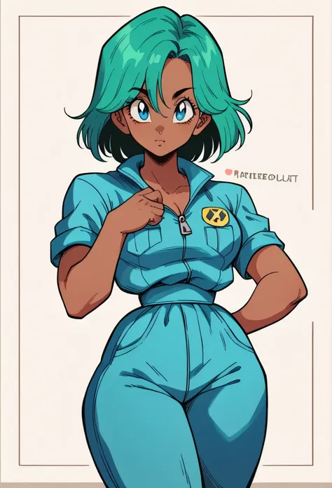 1 girl, dark skinned woman, blue-green hair, medium length hair,  blue jumpsuit, blue eyes,curvy body,body full of delicate curv...