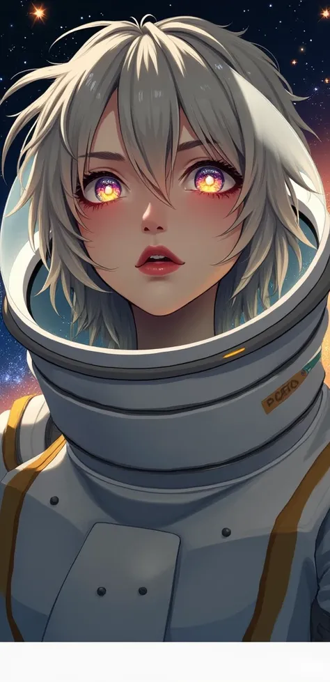 (Close-up of a better masterpiece:1.5)0.9], (Space and astronauts:1.2) (Messy silver hair:1.1) (Heterochromia xanthochromia and blue eyes:1.2) (Space Helmet:1.0) (Colored stars in the eyes:1.0) (A radiant glow:1.1) (thick lips:0.9)