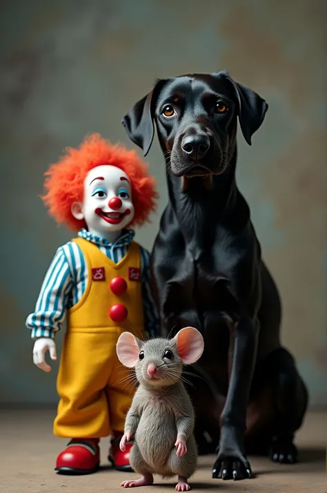 Create an image of a black dog, a clown and a mouse all the same size looking like a photograph