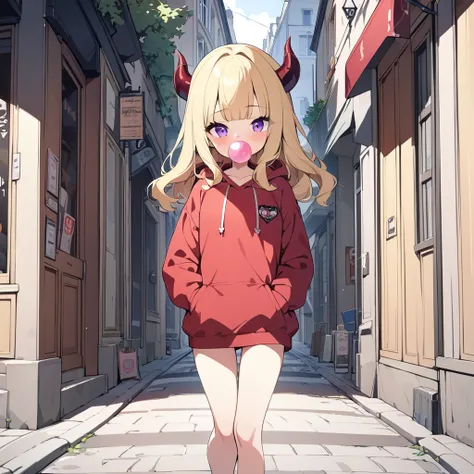 1girl, blowing bubblegum, petite, beautiful purple eyes, devil horns, blonde hair, long hair, blunt bangs, wavy hair, small breasts, red hoodie, baggy hoodie, hands in pockets, walking on a street, paris street, masterpiece quality, ultra HD, 4K, best qual...