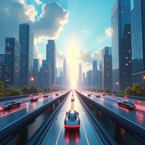 Perspective of a modern city highway in the sky with skyscrapers highrise office and housing buildings, a blue sky with clouds WITH LIGHT IN THE CENTER FOR FUTURE
