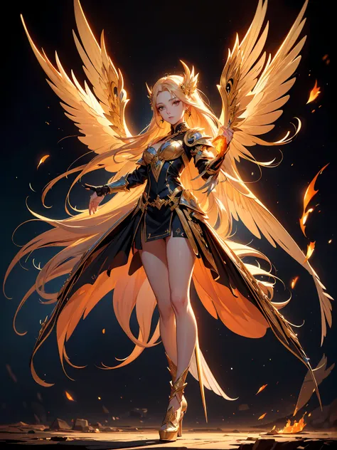 (((masterpiece, best quality, high detailed, 16k))) (1girl) A fiercely righteous woman with long golden hair and piercing amber eyes. She wears a pristine white and gold armor, with large, flaming wings. In her hands, she holds a blazing sword of divine fi...