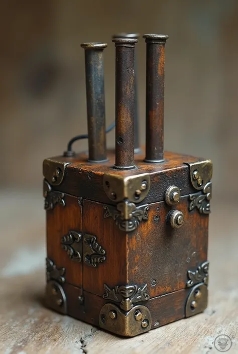 Soniferro: medieval metal and wood device capable of reproducing sounds, It can be like a little box and have two metal tubes like a trombone., small device, it can be improvised, artesanal, 