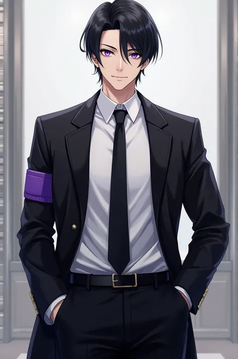 Black hair, purple eyes, male, Short hair . wearing a 
White office shirt, black tie, Wear a black coat black pants, wearing a purple armband on the left side.