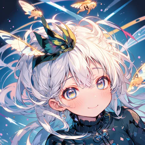 Masterpiece、Delicate expressiveness、A girl around 、White Hair、Cat ear、smile、river、In the mountains、Fireflies fly、Firefly Light、night、(((Composition from above)))