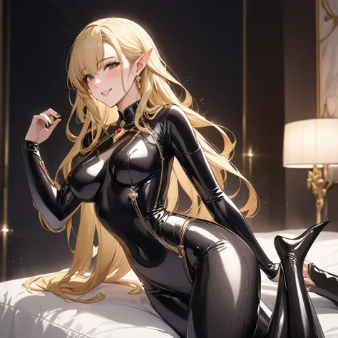 ((Best Quality)), ((masterpiece)), (detailed), （Perfect Face）、The woman is Seras Ashlain, a high elf with medium-long blonde hair, wearing a full-body latex catsuit, luxurious jewelry and an engagement ring.、The woman smiles sweetly and shows off her beaut...