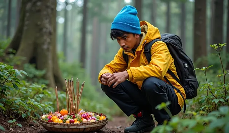 Realistic human photo, A young Indonesian hiker named Edo, short black hair,  tall, He is wearing a bright blue beanie, a vibrant yellow winter jacket, black hiking pants, and a large black hiking backpack. 
He is squatting near A small traditional offerin...